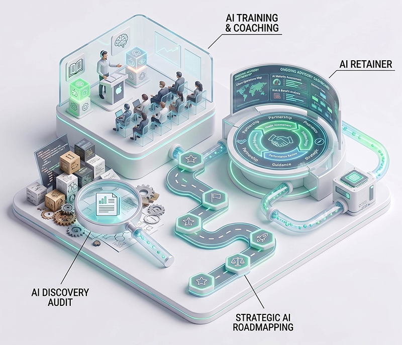 Isometric illustration of AI consulting: a discovery audit, training and coaching, strategic roadmapping, and an ongoing advisory retainer.